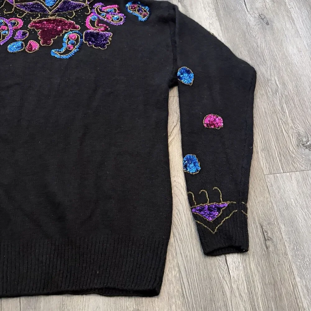 Vintage 80s Sweater Joule Energy Womens Medium Black Pink Bead Gems Angoral Silk